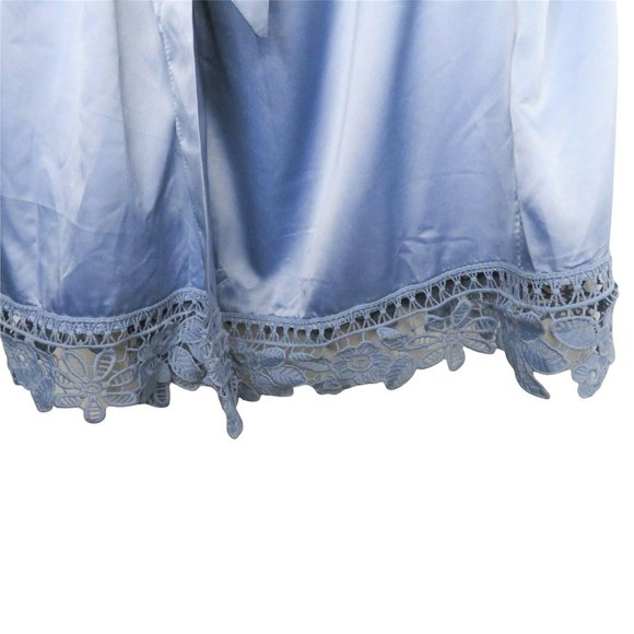 Vintage Blue Satin Dressing Bath Robe One Size Wide Lace Trim Knee Length Belted - Picture 10 of 12